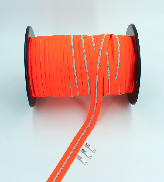 Endlosreißverschluss metallisiert schmal neonorange/silber (1m)